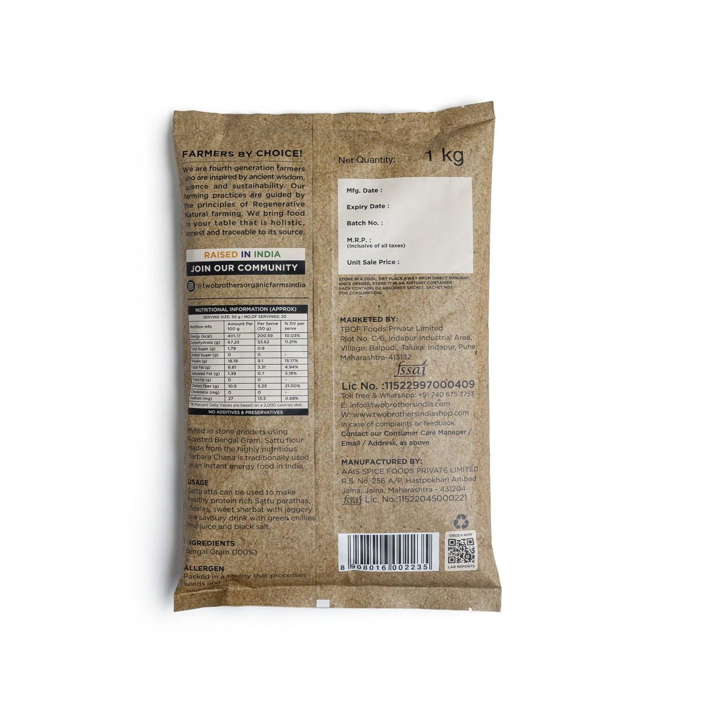 Two Brothers Organic Farms - Sattu Atta (1 kg) | Made Using Roasted Bengal Gram | 100% Natural & Gluten Free Chana Sattu | High Protein Roasted Gram Flour | Sattu Drink Powder | Roasted Gram Powder