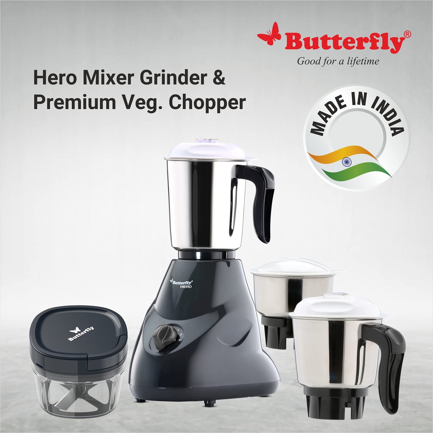 Butterfly Hero 500W Mixer Grinder And Vegetable Chopper, Grey - 500 Watts
