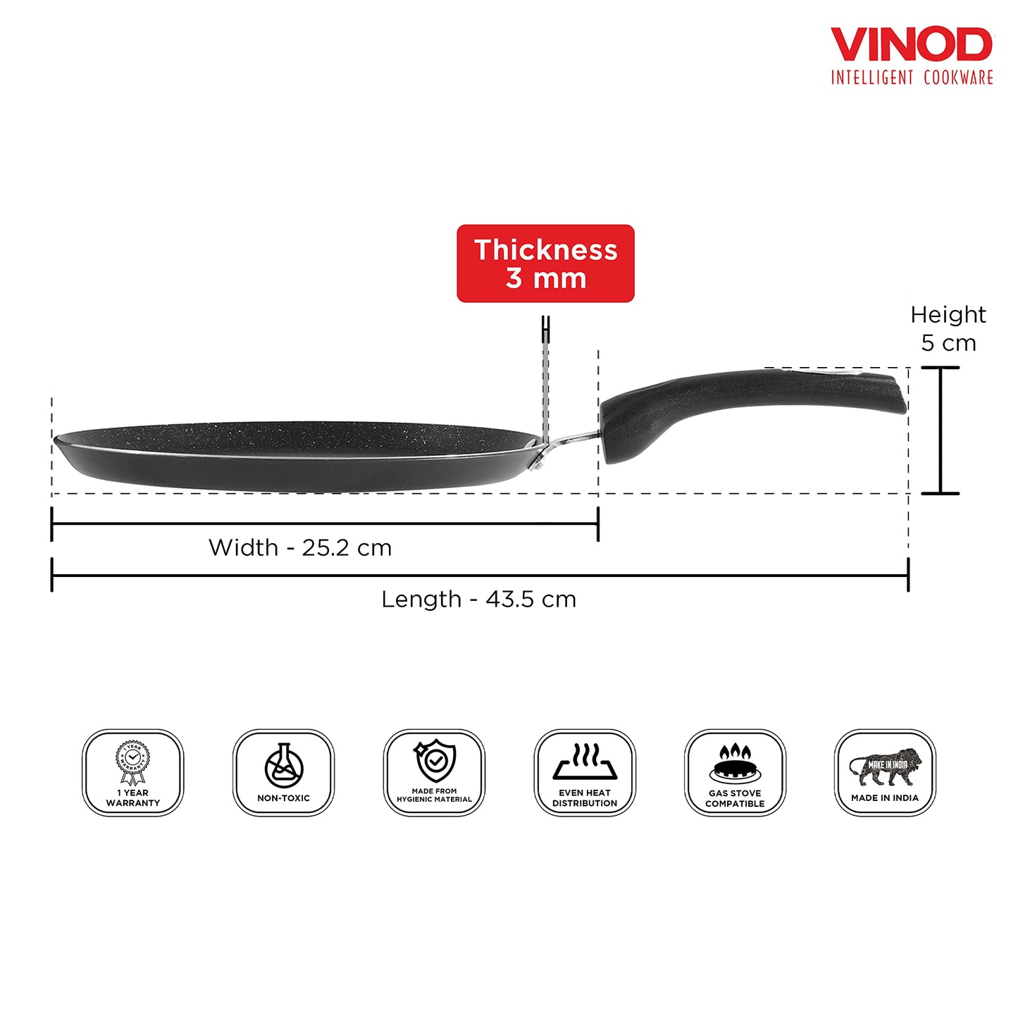 Vinod Cookware Aluminium Zest Marbilo Dosa Tawa, 25cm, Black