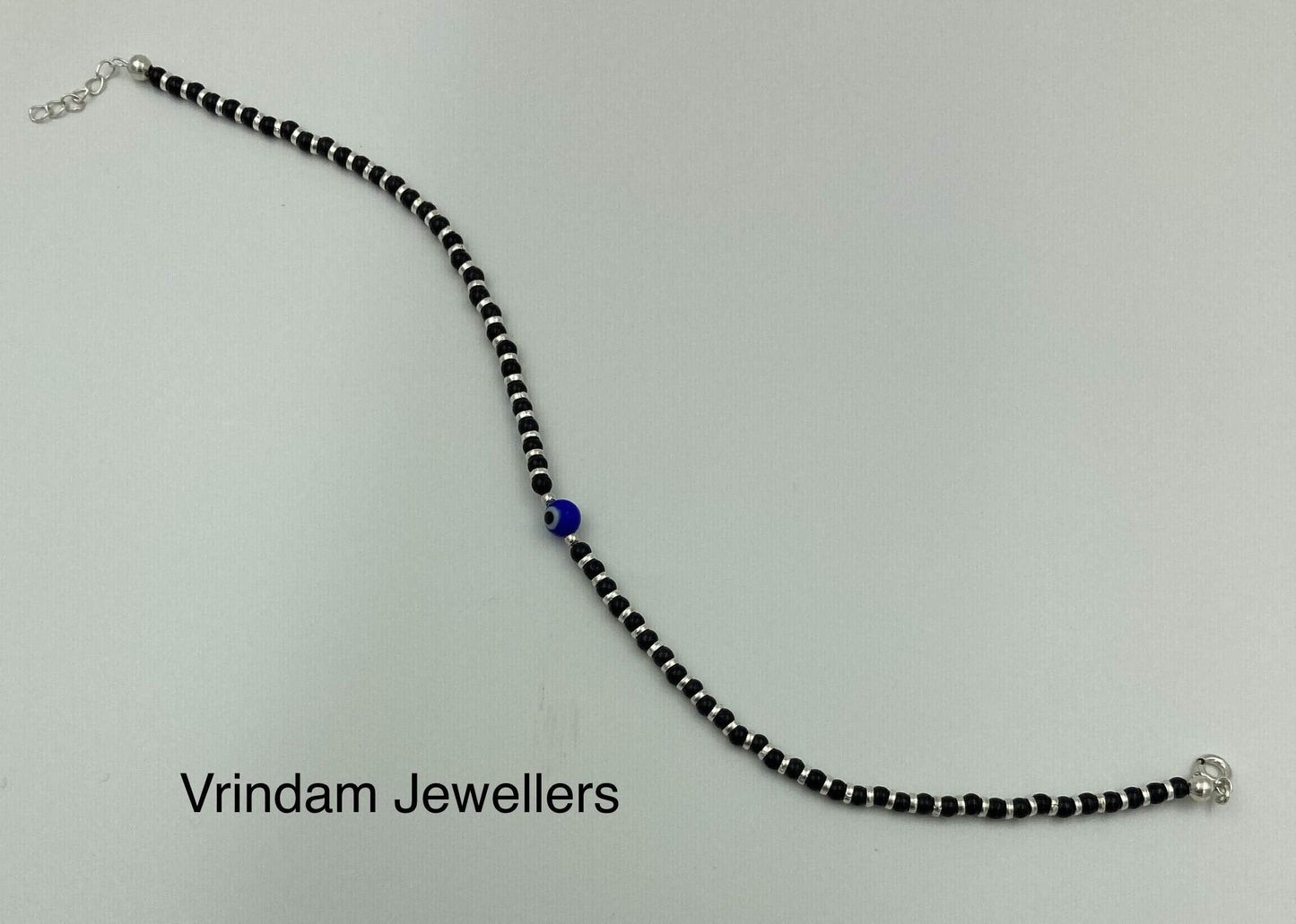 VRINDAM JEWELLERS 925 Sterling Silver Blue Evil Eye Nazariya Anklet with Black Beads For Girl's & Women |Adjustable |Comfortable |Single Piece |Length 27 cm |Weight Approx...7 GM