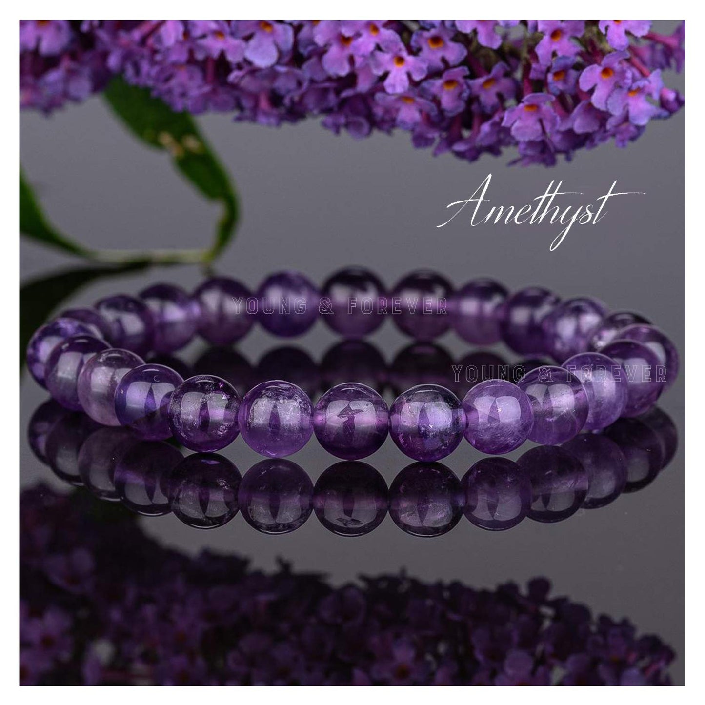 Young & Forever Gift Energized Reiki Crystal Semi Precious Gemstone Amethyst Bracelet for Purification Healing Stone Stretch Bracelet for Men and Women