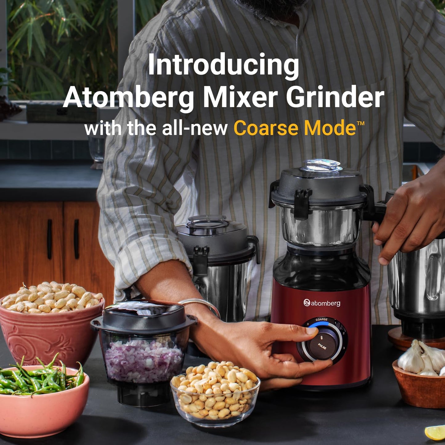 Atomberg Zenova Mixer Grinder with Unique Coarse Mode | Advanced Safety Features | 4 Jars including Chopper Jar with Hands Free Operation (Red Wine)