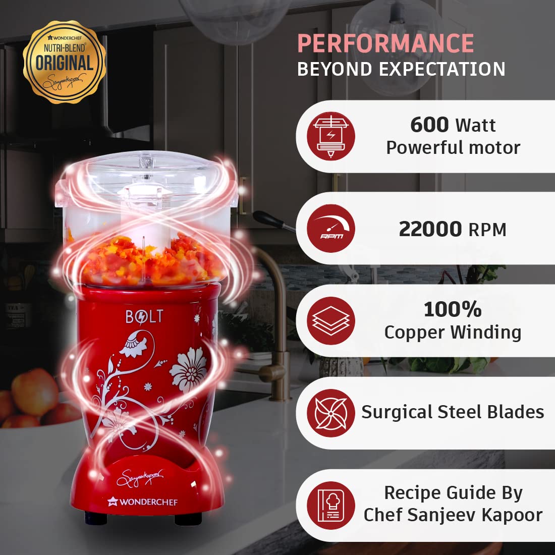 Wonderchef Nutri-blend BOLT CKM|600W Powerful 100% Full Copper Motor|22000 RPM, Blender & Chopper|SS Blades|4 unbreakable jars with Sipper lid|2 Years warranty|Recipe book by Chef Sanjeev Kapoor|Red