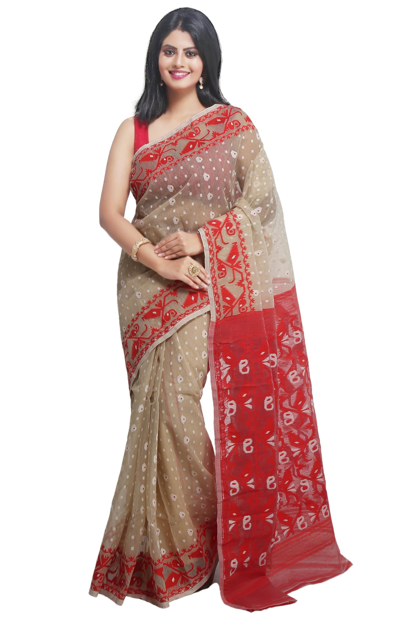 WoodenTant Women's Bengal Made Soft Dhakai Jamdani Saree Without Blouse Piece. (Beige & Red, Cotton)