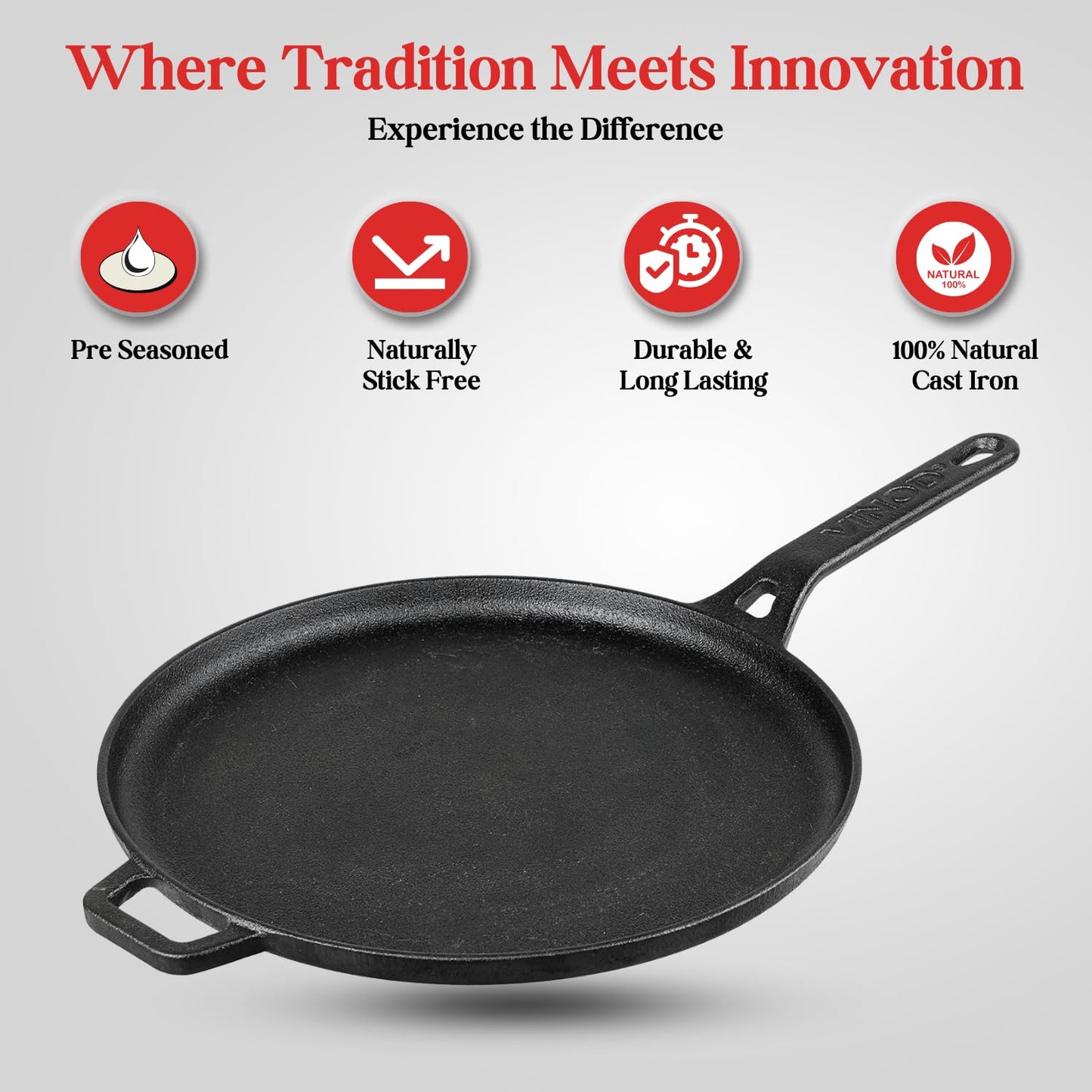 Vinod Legacy Pre Seasoned Cast Iron Flat Roti Tawa with Handle - 28 cm/Chapati, Dosa, Naan, Omlette Kallu Tava / 100% Pure Naturally Non Stick/Toxin & Rust Free/Gas Base