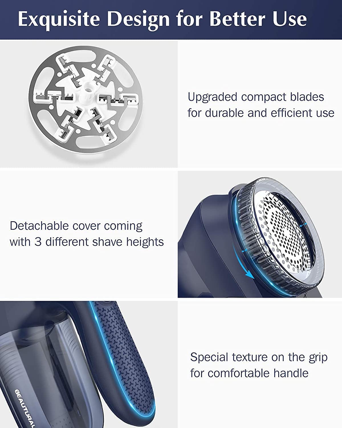 BEAUTURAL Sweater Fabric Shaver Home-Edition, Powerful & Efficient Lint Remover for Clothes and Furniture, AC Adapter or Battery Powered Pill Fuzz Remover Dark Blue