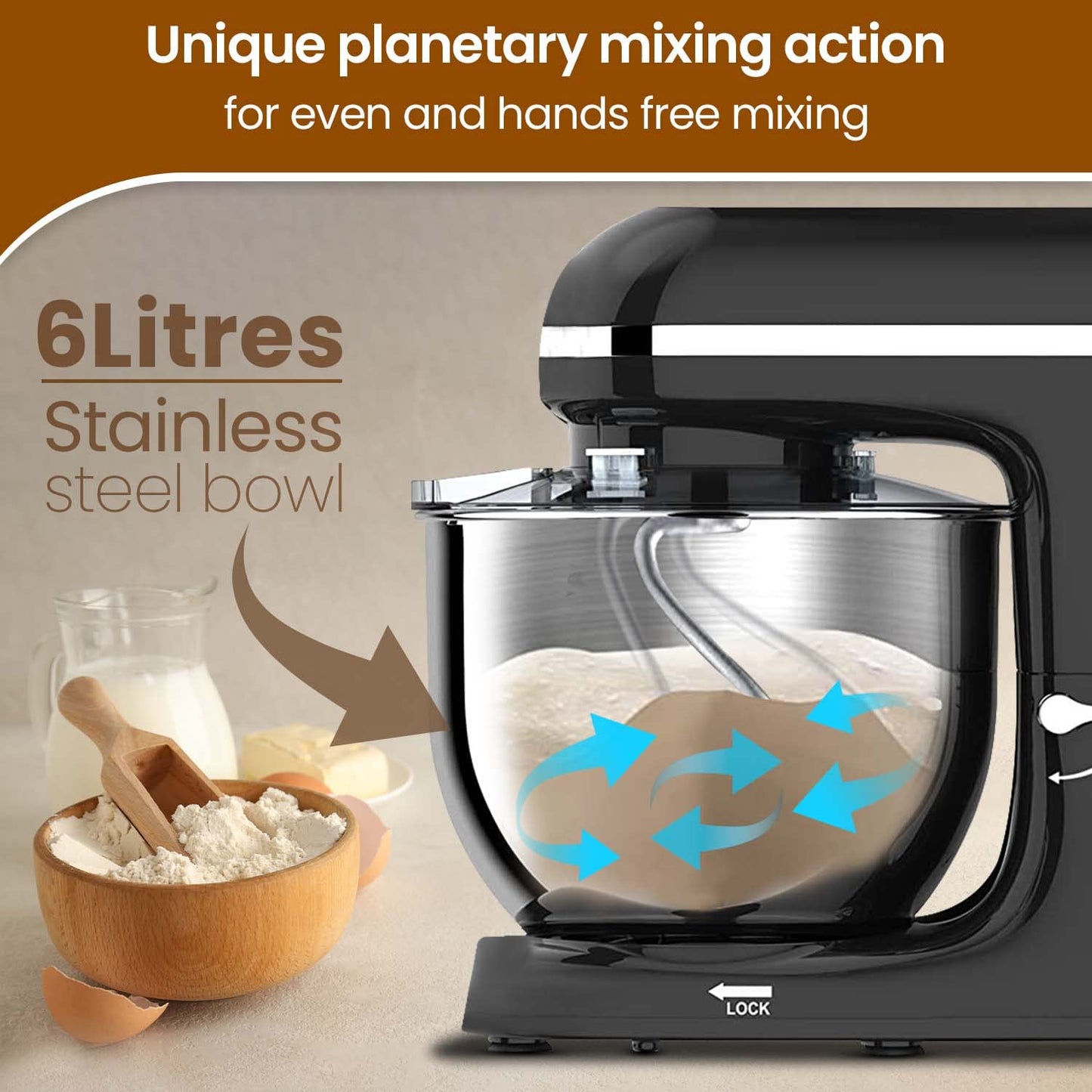 AGARO Imperial Stand Mixer,1400W with 6L SS Bowl, 1.5L Blending Jar,10 Speed With Pulse Function, 100% Copper Motor, Includes Blending Jar, Whisker, Beater, Dough Hook, Egg White Separator, Black