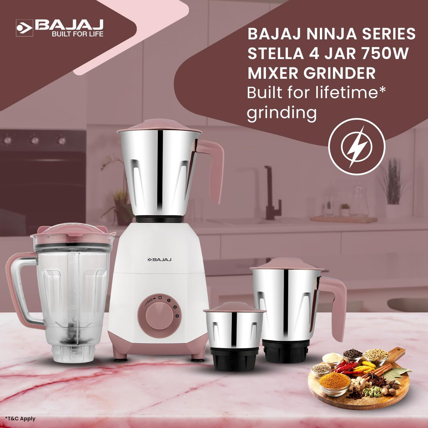 Bajaj Ninja Series Stella 750W Mixer Grinder with 4 Jar, White