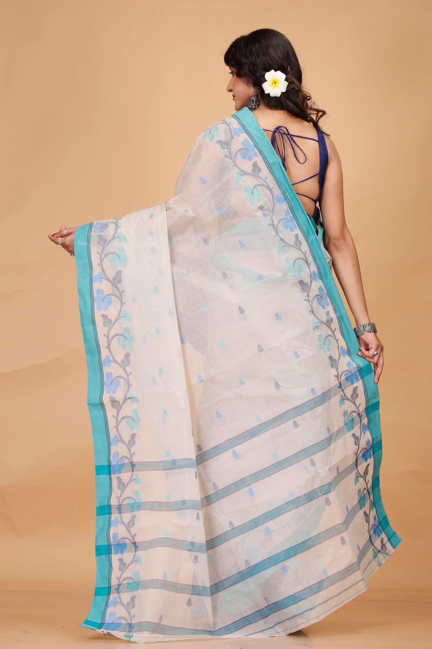 Tant Story Women's Traditional Bengal Trending Tant Handloom Pure Cotton Tangail Saree without Blouse Piece (Off White)