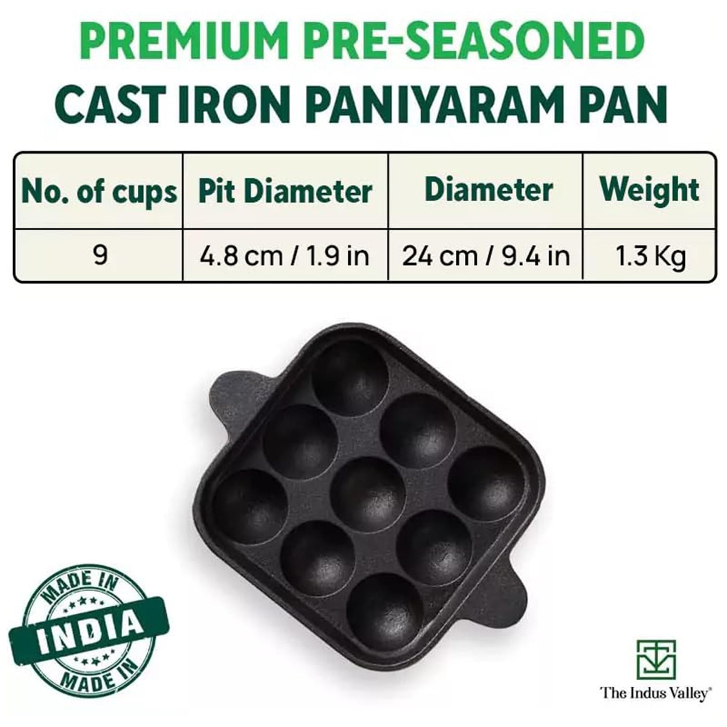 The Indus Valley Pre-Seasoned Cast Iron Square Paniyaram Pan | 9pit, 24cm/9.4inch, 1.3kg | Naturally Nonstick Appe/Paddu Pan, 100% Pure & Toxin-Free, No Chemical Coating, Black