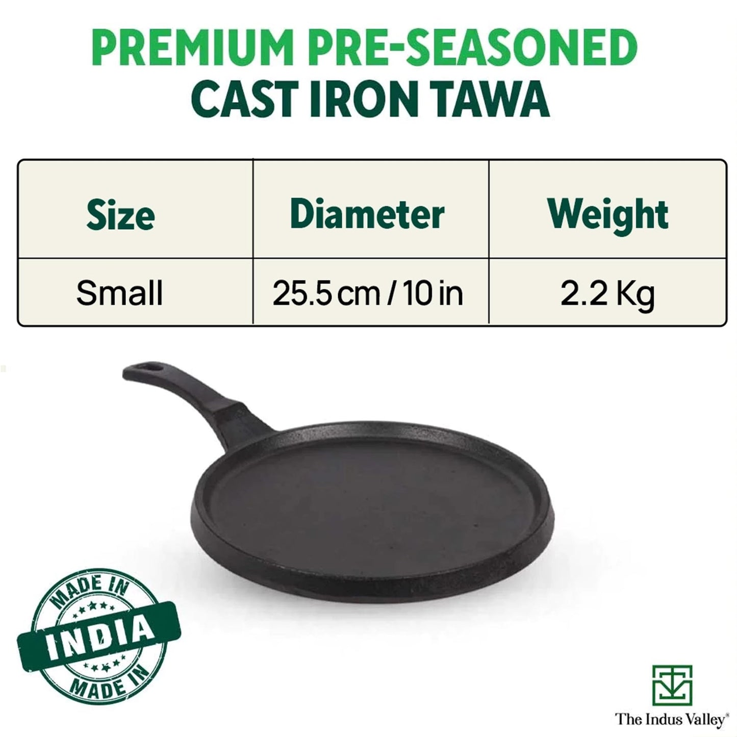The Indus Valley Pre-Seasoned Cast Iron Tawa for Dosa/Chapathi with Silicone Grip | 25.5cm/10 inch, 2.1kg | Induction Friendly | Naturally Nonstick, 100% Pure & Toxin-Free, No Chemical Coating