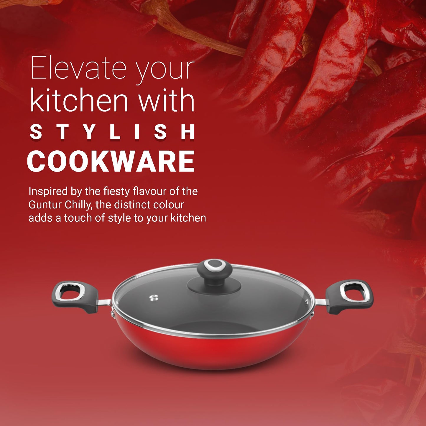 Preethi Dura Collection Non Stick Kadai, 24 cm, with Glass Lid, Gas & Induction Compatible, 5 Star Non Stick Effect, Chilly Red