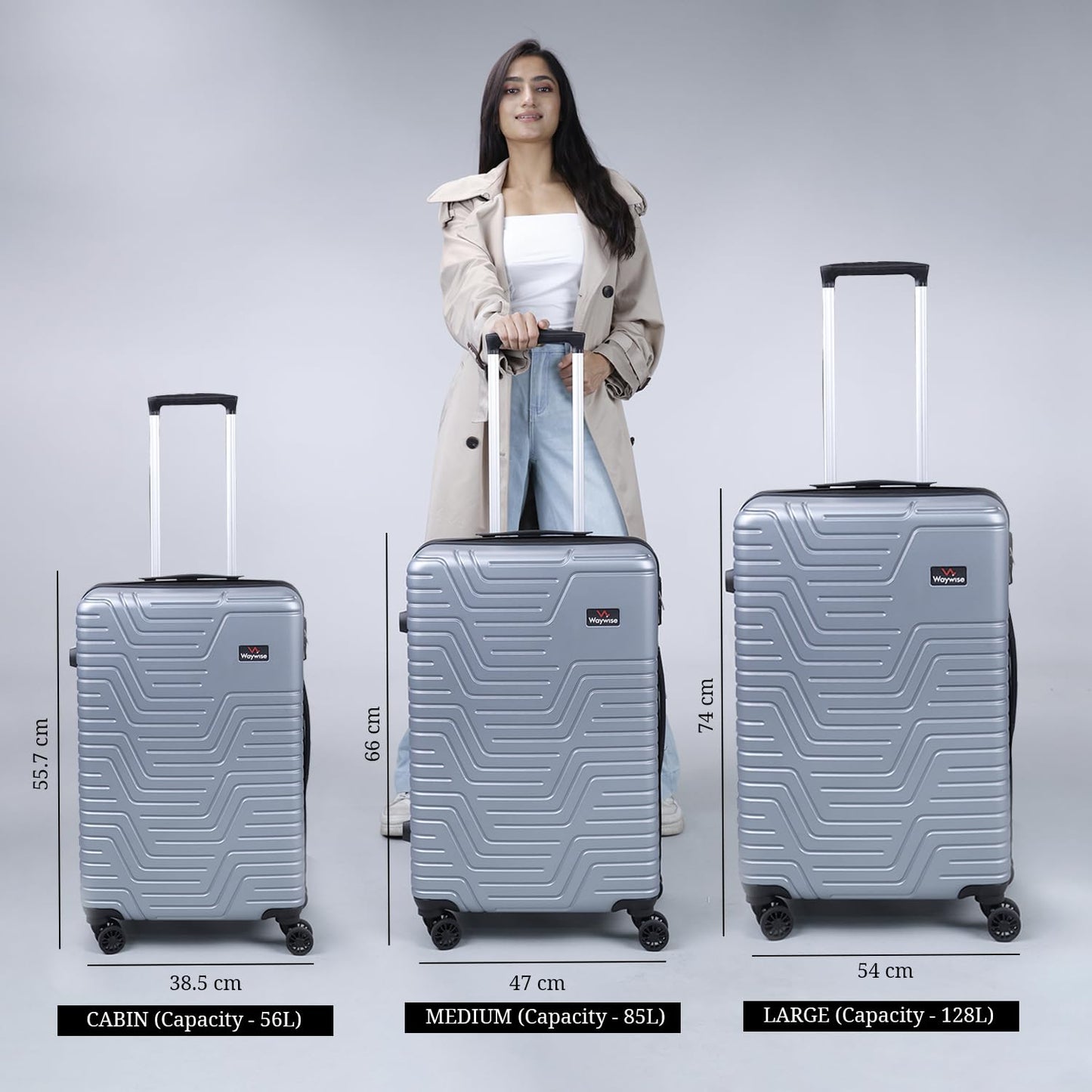 WAYWISE ScaleX Checkin Luggage|India's First Built in Weighing Scale Handle| M-65cm|TSA Lock | Poly-Carbonate Hardsided Anti-Scratch| 8 Wheel Luggage |with Laundary Bag |5 Years Warranty (Silver)