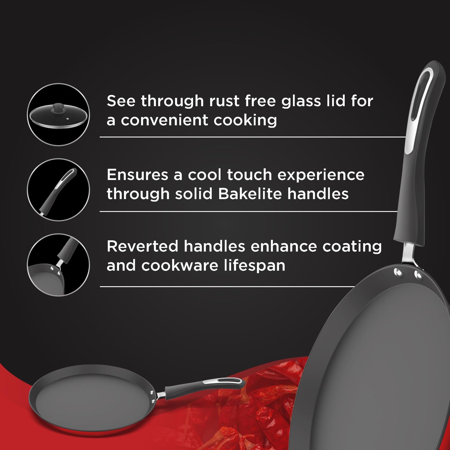 Preethi Dura Collection Non Stick Tawa, 28 cm, Gas & Induction Compatible, 5 Star Non Stick Effect, Chilly Red