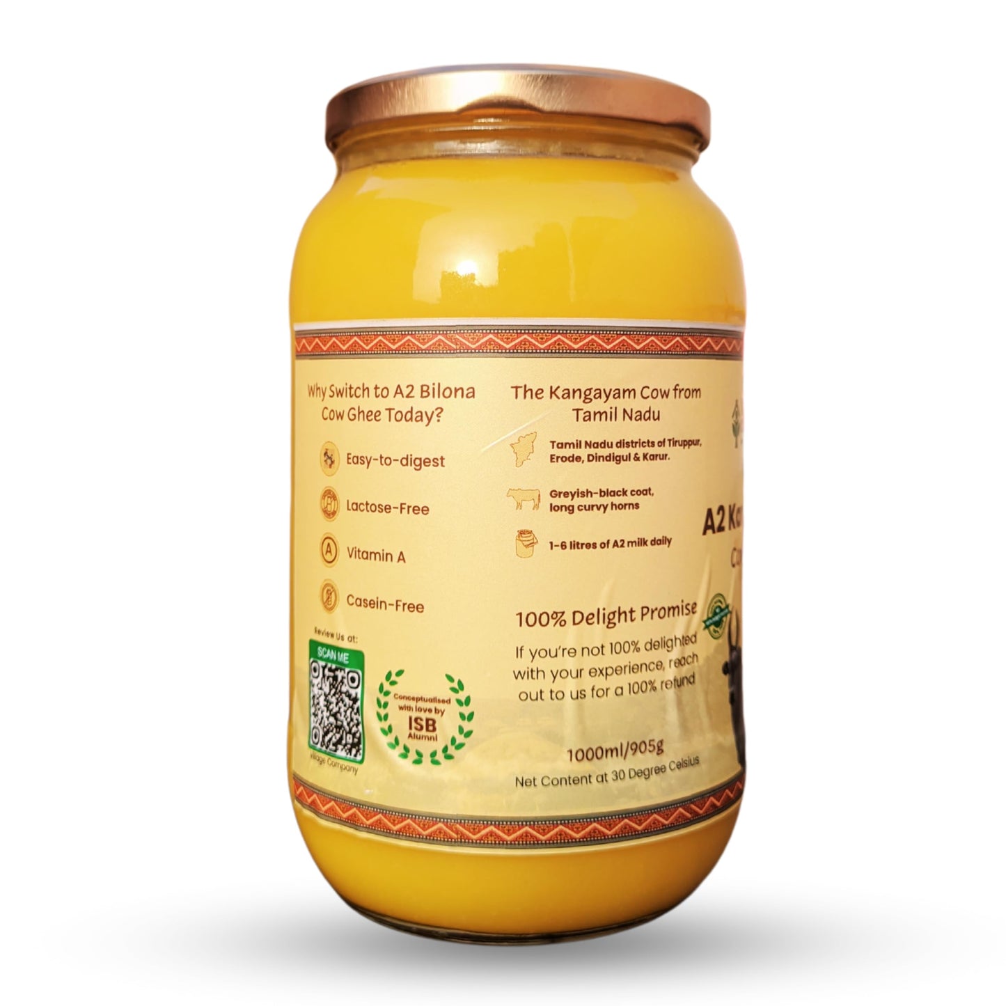 Village Company A2 Bilona Desi Cow Ghee | Bilona Method | Premium, Organic, Traditional | Grass Fed | Kangayam Desi Cow | Lab-Certified | Glass Jar 1L