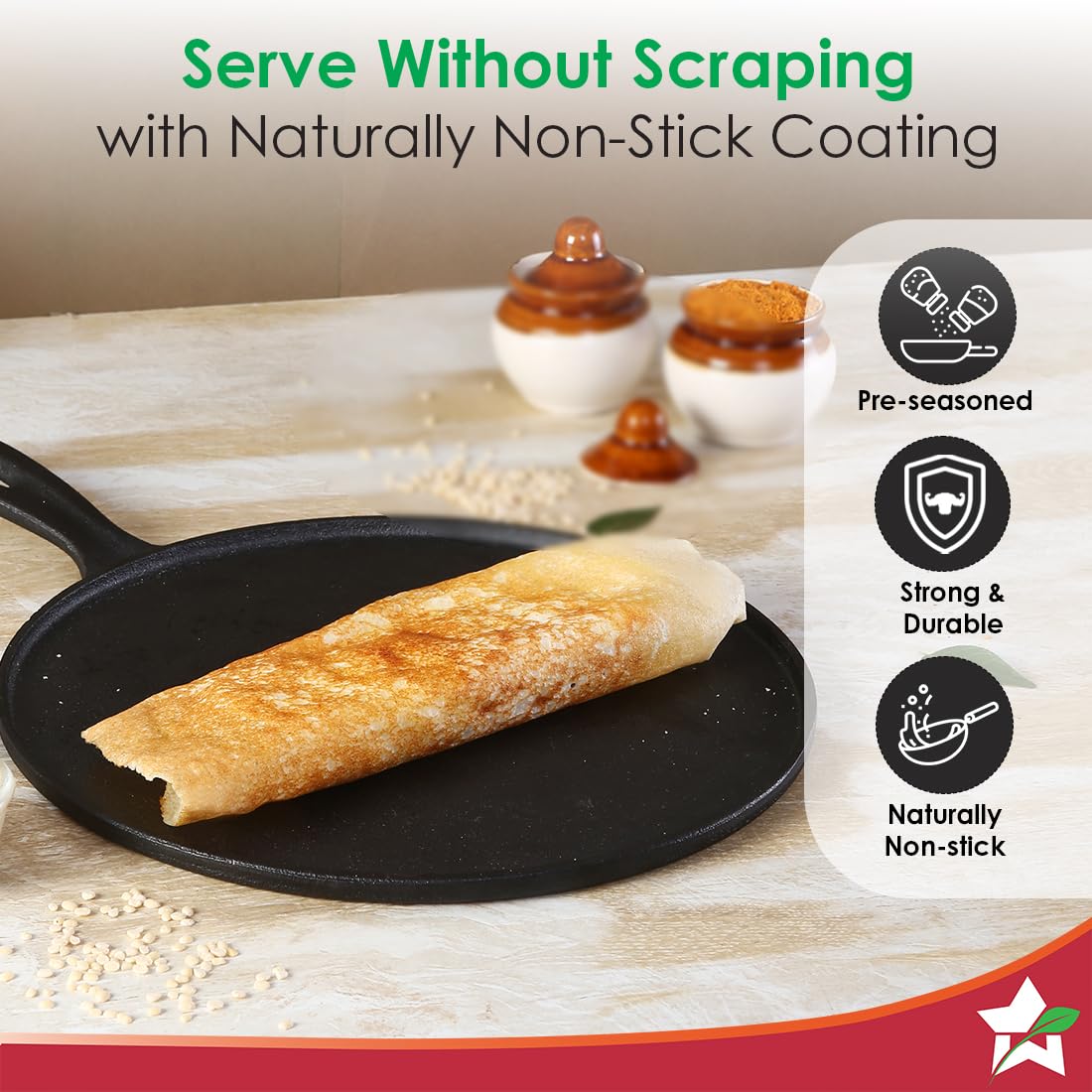 Wonderchef Forza Cast-Iron 27 cm Dosa Tawa Pan | Pre-Seasoned Cookware | Induction Friendly | 4 mm | with Lifetime Exchange Warranty