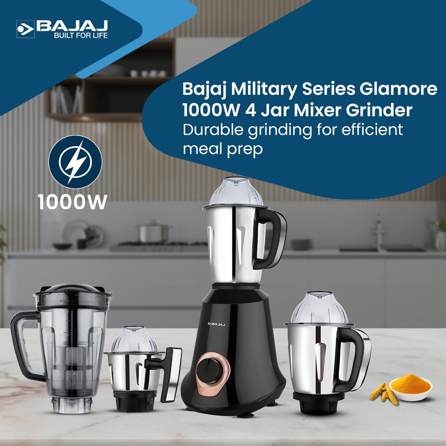 Bajaj Military Series Glamore 4 Jar 1000 Watts Mixer Grinder | 3-Speed Control With Pulse Effect Mixie| 2 Years Warranty | Jet Black