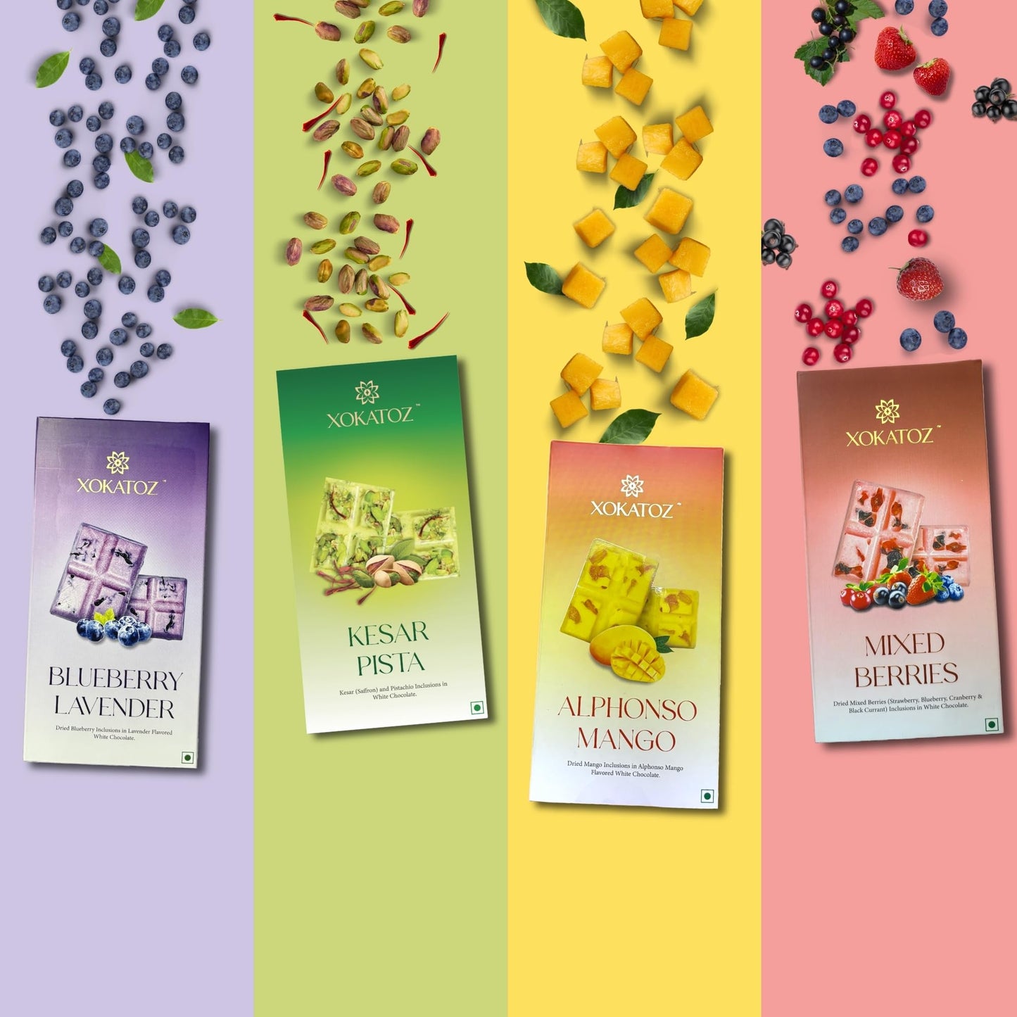 XOKATOZ Exotic Premium Chocolate - 1 Mixed Berries and 1 Kesar Pista Flavours - Flavoured White Chocolate Bars - Gift Set- Pack of 2, 150g (75g x 2)