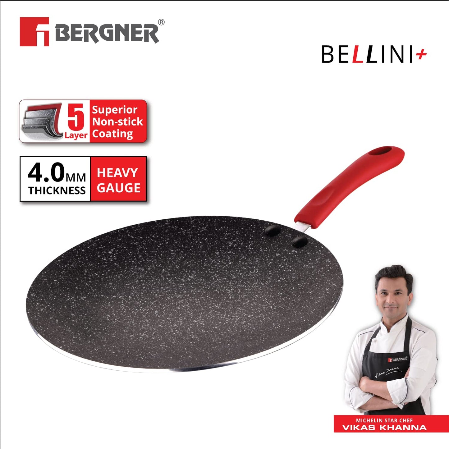 Bergner Bellini Plus 5 Layer Marble Non Stick Concave Tawa/Roti Tawa, 30 cm, Soft Touch Handle, Food Safe (PFOA Free), Thickness 4mm, 1 Year Warranty by Bergner, Red