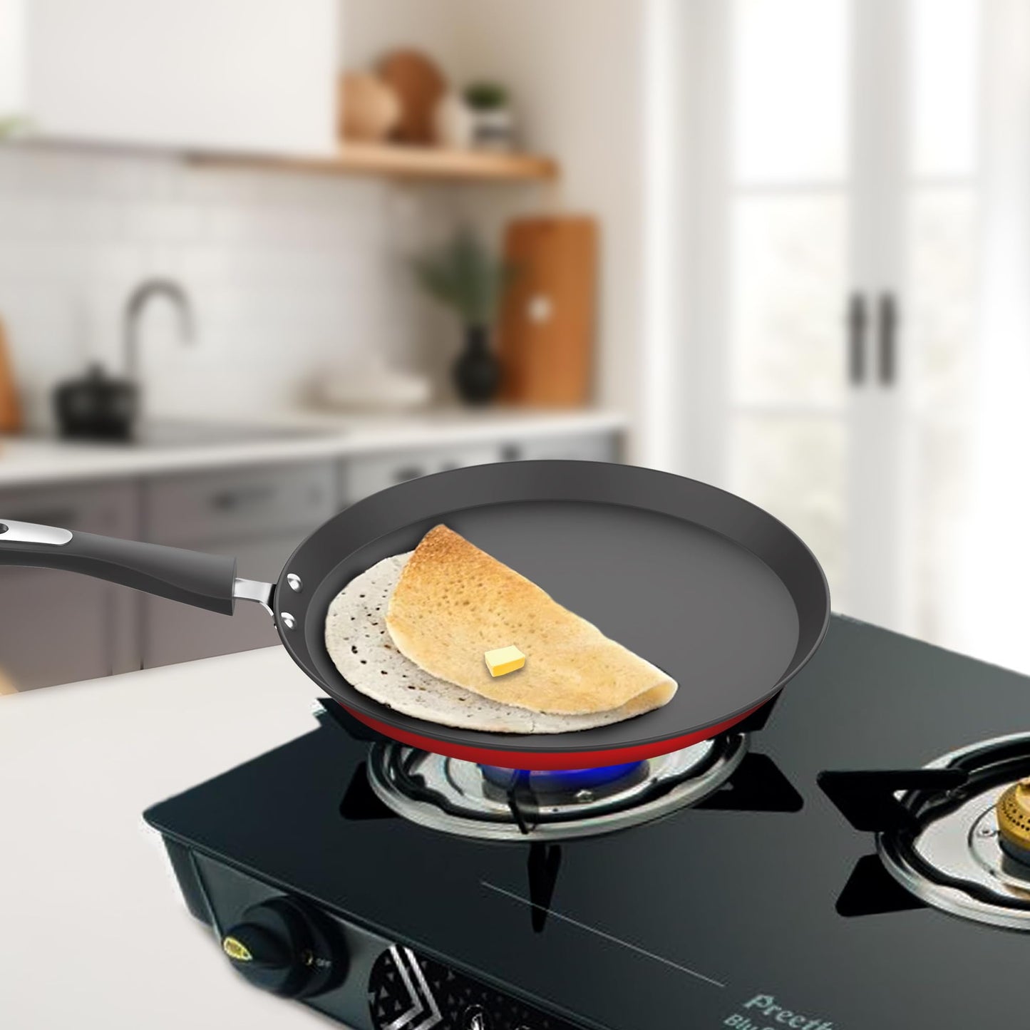 Preethi Dura Collection Non Stick Tawa, 28 cm, Gas & Induction Compatible, 5 Star Non Stick Effect, Chilly Red