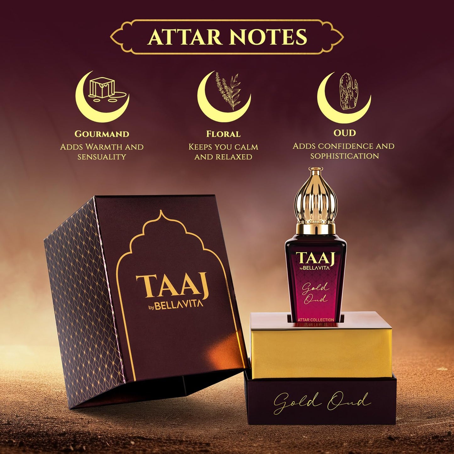 Bella Vita Luxury TAAJ Gold Oud Attar with Caramel, Rose, Jasmine & Orris for Men and Women, Non-Alcoholic Roll On, Long Lasting Fragrance, 12 ML