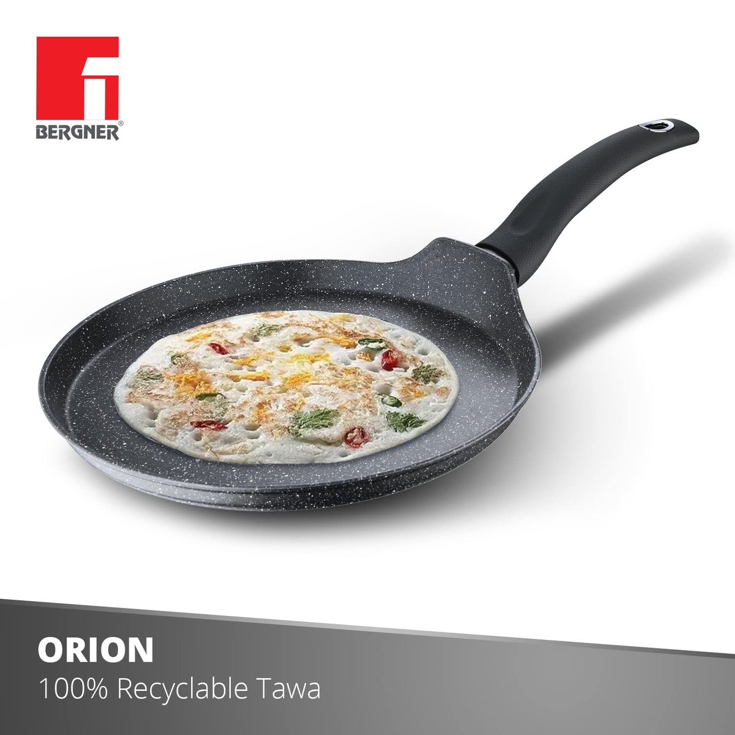 Bergner Orion NonStick 26 cm Tawa/ Dosa Pan, 100% Recyclable, For Low Oil Paratha/Dosa/Uttapam/Pancake/ Crepe/Eggs/Toasts, Textured Soft Touch Handle, Granite Finish, Induction & Gas ready, 1-Year Warranty