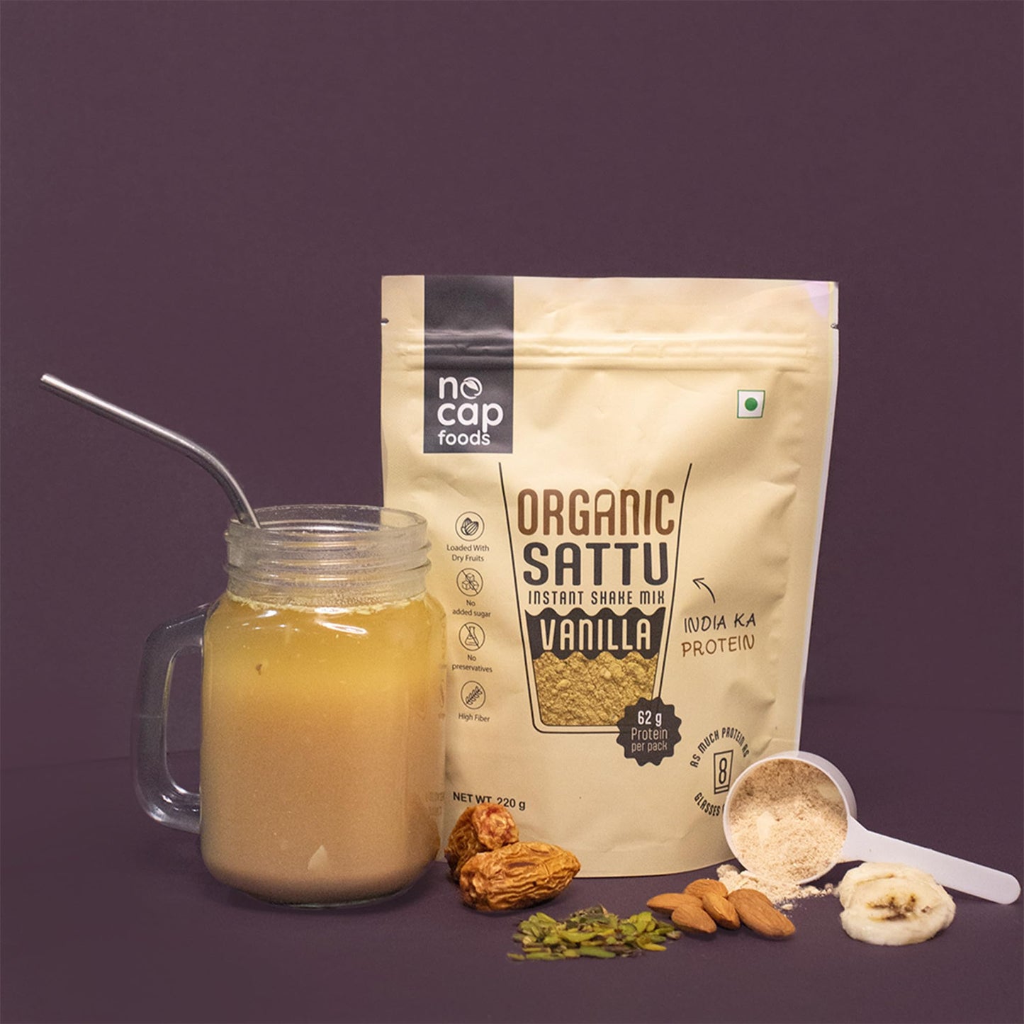 Nocap Sattu Shake Vanilla 220gm | No refined sugar | No Artificial flavours | High Protein | High Fiber | Natural Vanilla flavour | Instant shake | No Additives | No preservatives