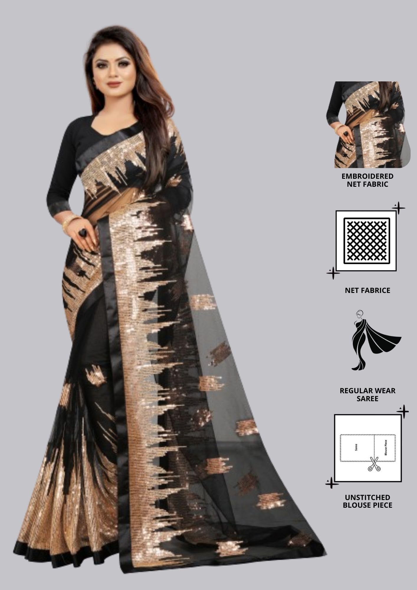 Vastraani Women's Sequined Woven Net Saree with Blouse Piece (Black, Free Size)