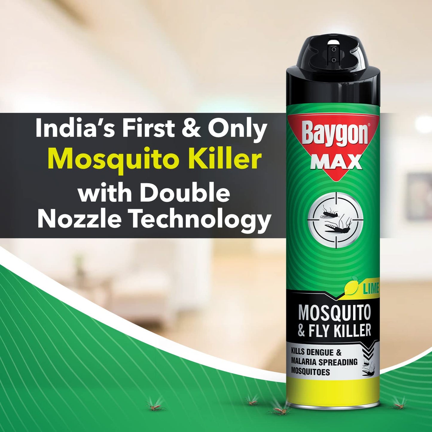 Baygon Max Mosquito and Fly Killer Spray, 400ml | Lime Fragrance | Instant Mosquito Repellent | Kills Dengue & Malaria Spreading Mosquitoes | With Double Nozzle Technology for 30% Wider Coverage