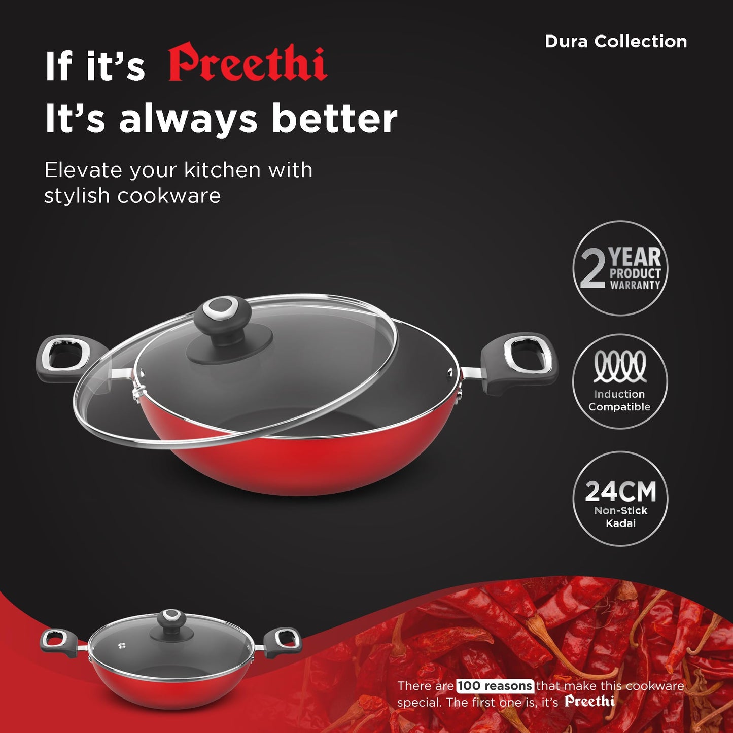 Preethi Dura Collection Non Stick Kadai, 24 cm, with Glass Lid, Gas & Induction Compatible, 5 Star Non Stick Effect, Chilly Red