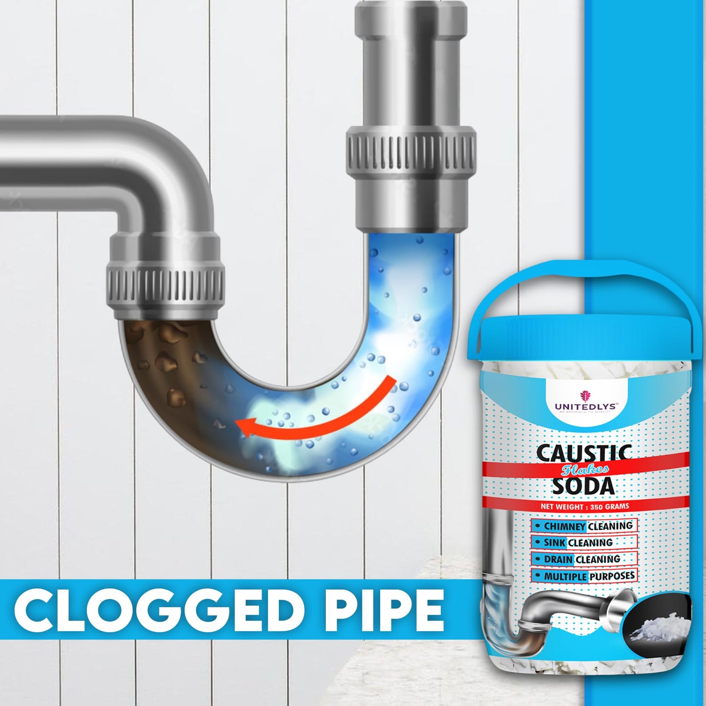 Unitedlysยฎ Caustic Soda Drainage Block Remover 350G | Fast-Acting, Non-Toxic & Odorless Drain Cleaner Powder | Caustic Soda for Drain Cleaning | Sink Cleaner, Drain Pipe Cleaner & Drainage Cleaner