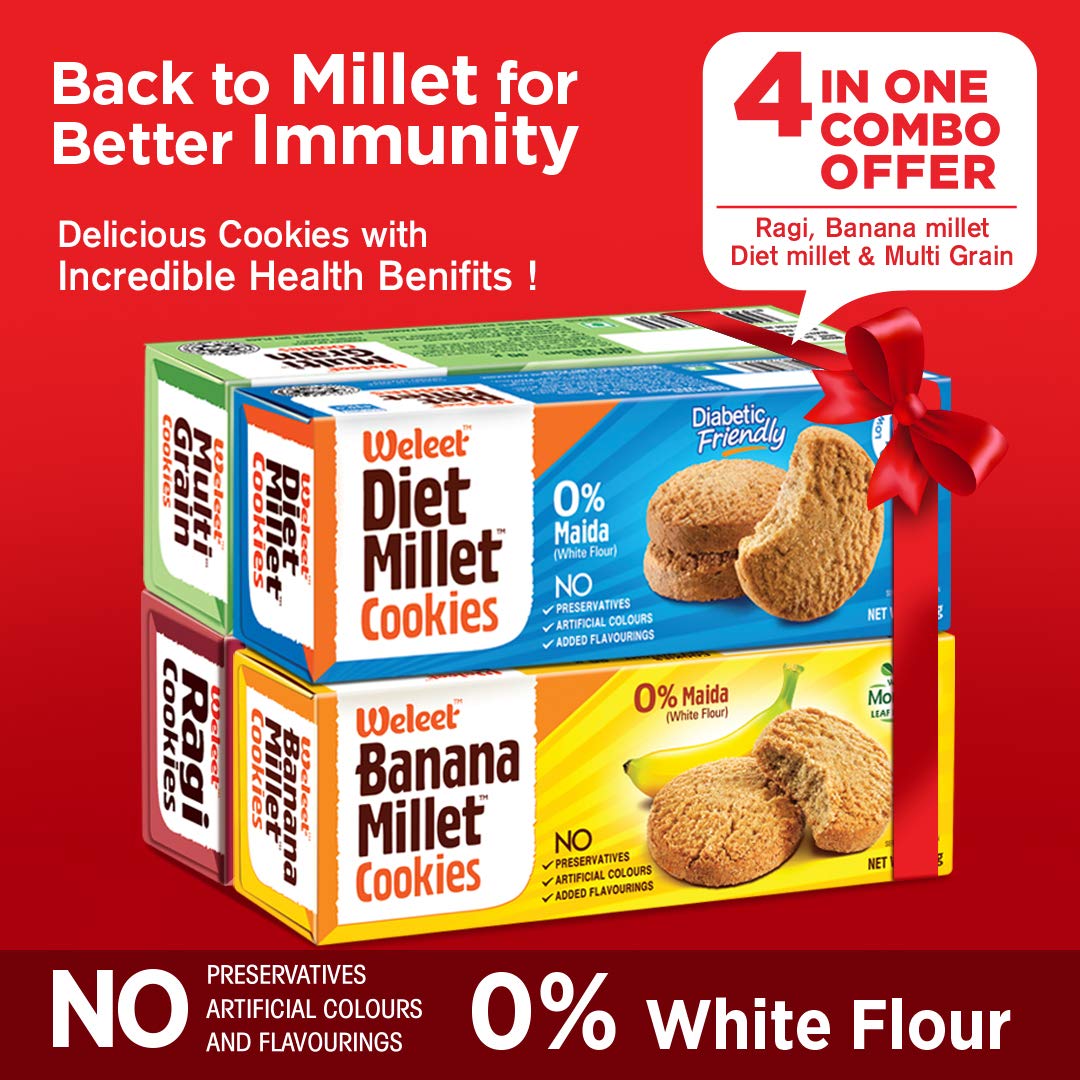 Weleet Assorted Pack Of Multi Grain, Millet, Ragi & Banana Millet Digestive Cookies|Home/Office Snack|Free Of White Sugar & White Flour|100% Natural & Healthy (4 Flavours-360 Gm)