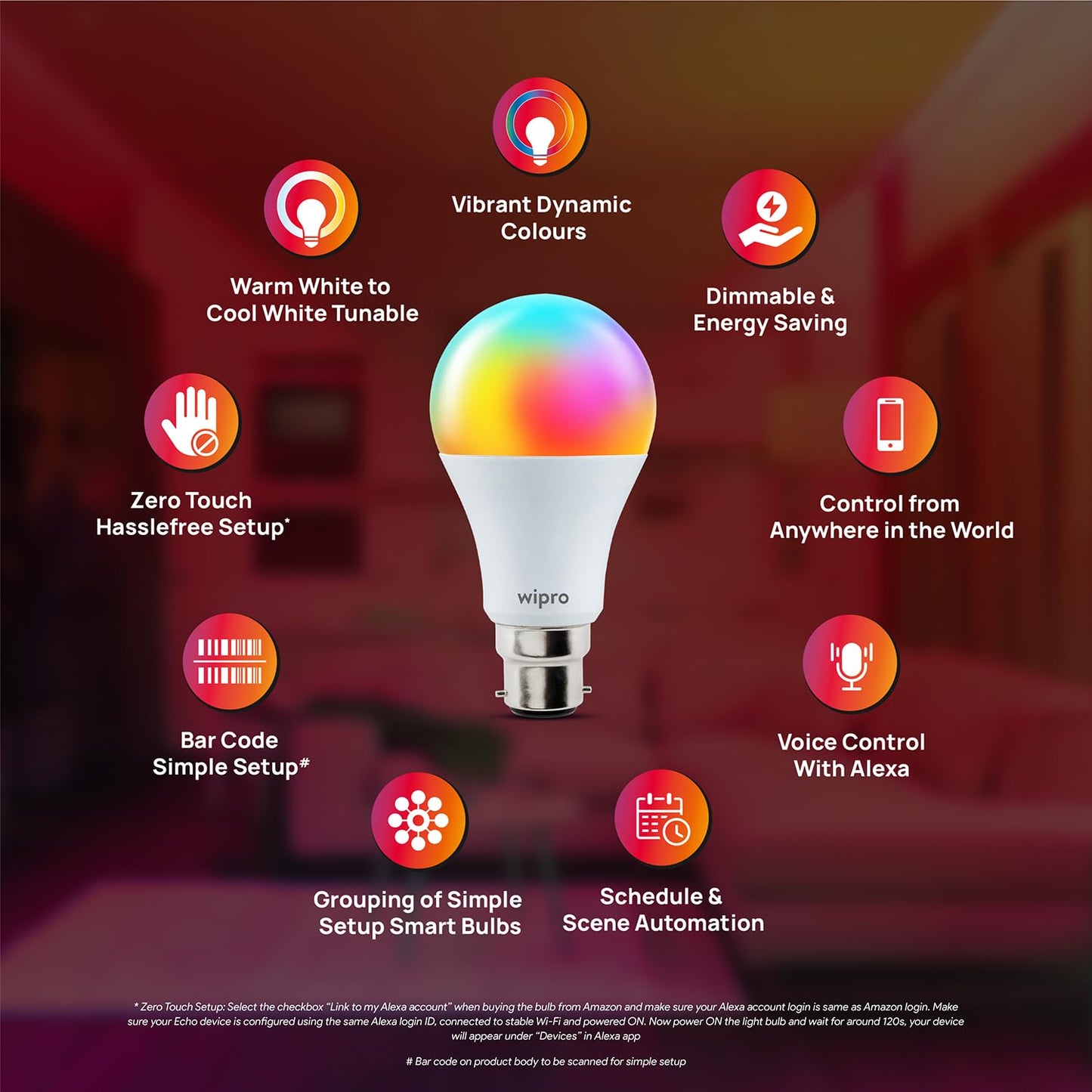 Wipro Garnet Simple Setup 9W Led Smart Bulb | Simple Setup With Amazon Alexa | Dynamic Colours, White Tunable, Dimmable | No Hub Required | Compatible With Alexa Only | Pack Of 1 - B22D