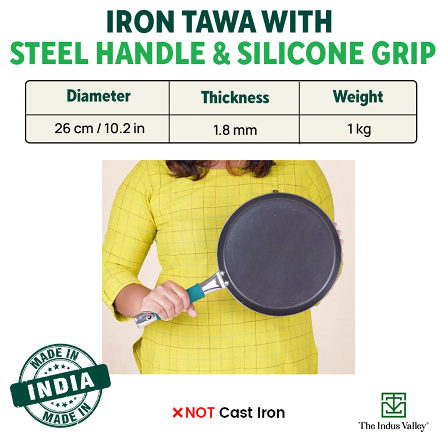 The Indus Valley Pure Iron Flat Tawa With Silicone Grip | 26Cm/10.2 Inch, 1Kg | Induction Friendly | 100% Pure & Toxin-Free, No Chemical Coating,Multicolor