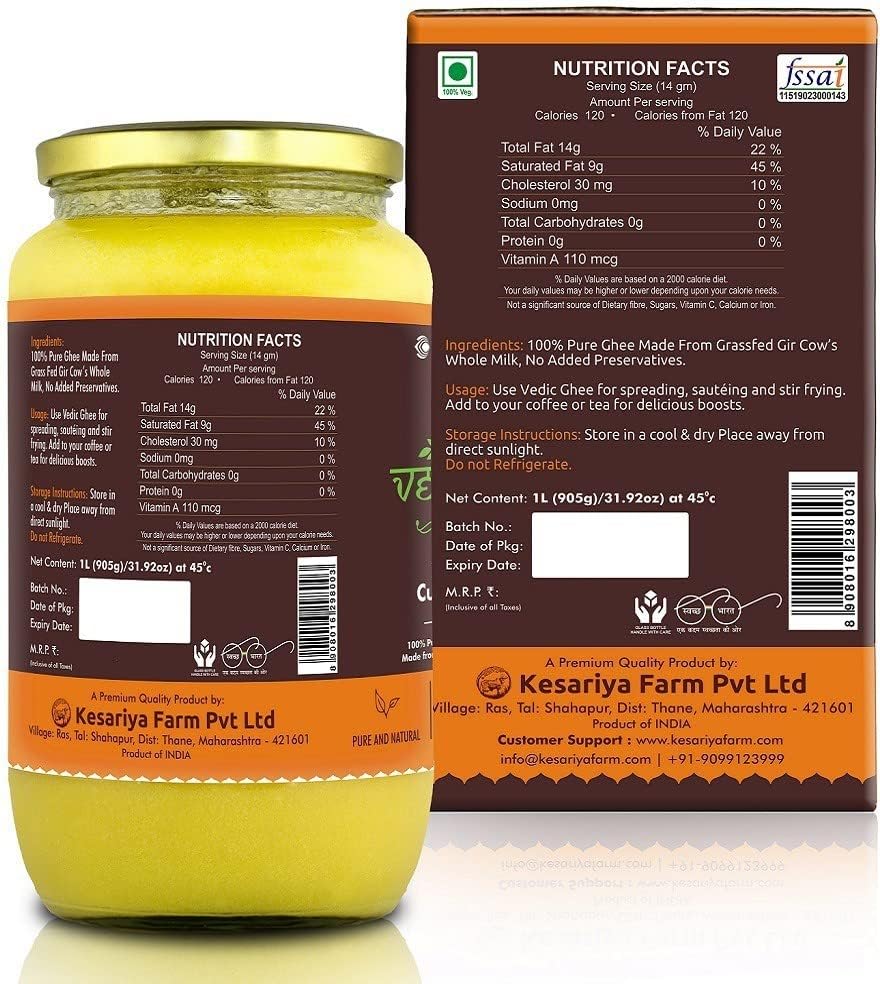 Vedic Ghee Premium A2 Gir Cow Cultured Desi Ghee from Kesariya Farm | Vedic Bilona Two Way Churned | Indian Gir Cow Ghee, Pure A2 Ghee, Natural & Healthy, Non-GMO | Lab Certified (1L)