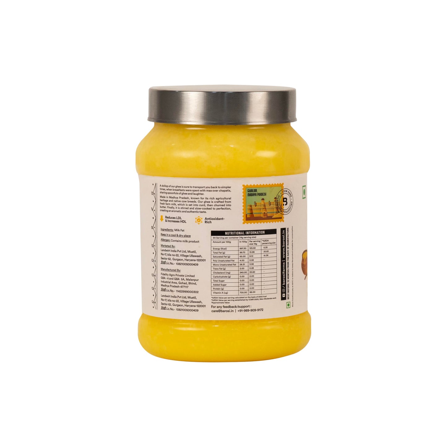 Barosi Premium Cow Ghee 1000 ml | 100% Pure | Danedar Texture | Rich In Good Fats And Antioxidants | Easy To Digest