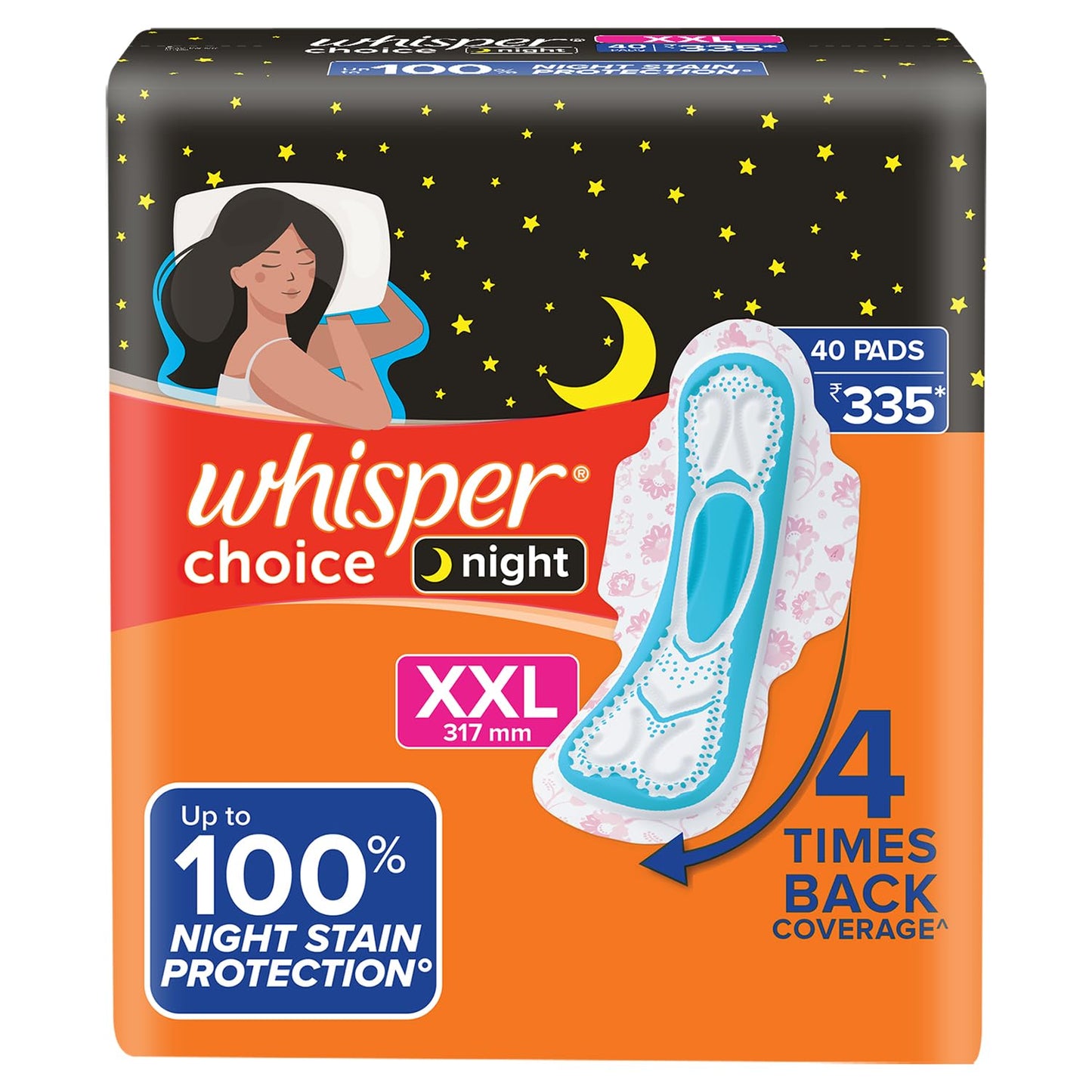Whisper Ultra Overnight Sanitary Pad For Women With Wings - XXl, 40 Pads
