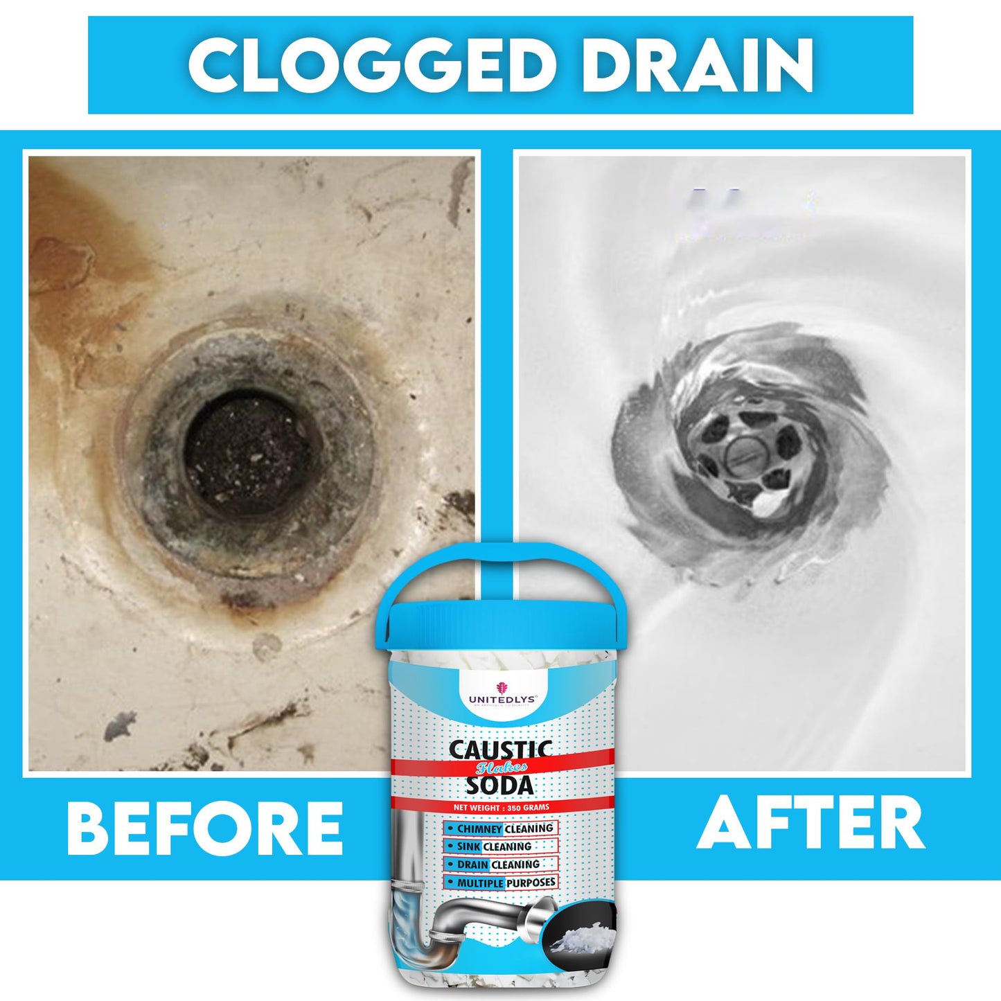 Unitedlysยฎ Caustic Soda Drainage Block Remover 350G | Fast-Acting, Non-Toxic & Odorless Drain Cleaner Powder | Caustic Soda for Drain Cleaning | Sink Cleaner, Drain Pipe Cleaner & Drainage Cleaner