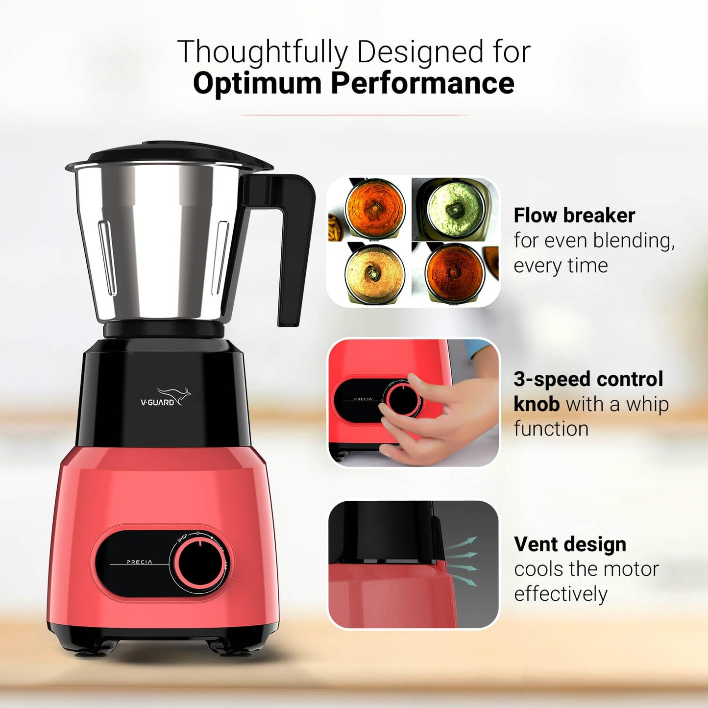 V-Guard Precia Mixer Grinder 500 Watt / 2 Year Motor Coverage by V-Guard / 3 Jar Mixie for Kitchen with Multifunctional SS Mixer Jars (Chutney, Dry, & Wet), Precision Stainless Steel Blades
