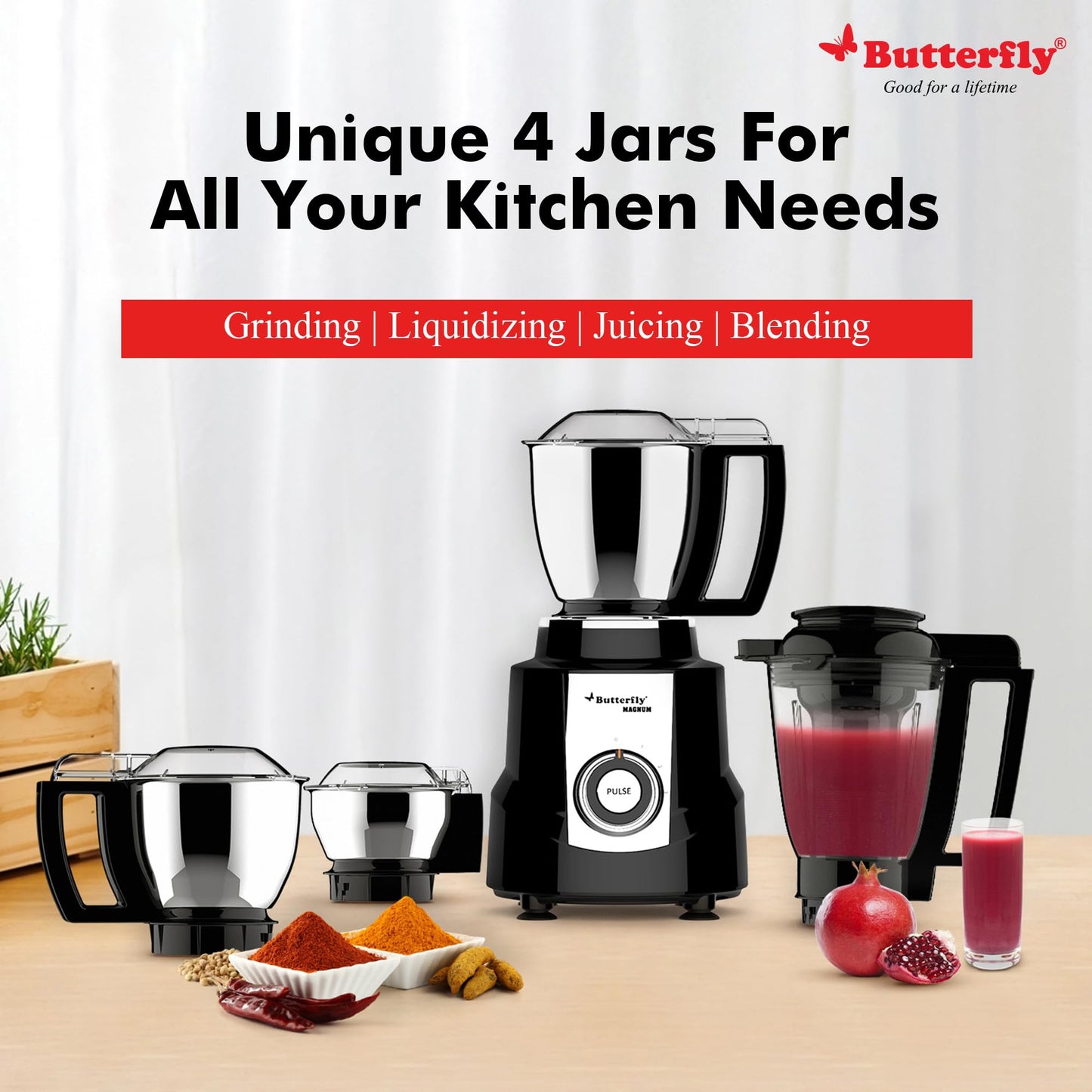 Butterfly Magnum 1.2HP Mixer Grinder with 4 Jars | 100% Copper Motor | 3 Stainless Steel Multipurpose Jars and 1 Juicer Jar | ABS Body | Handsfree Operation | Lifetime Motor Warranty| Black