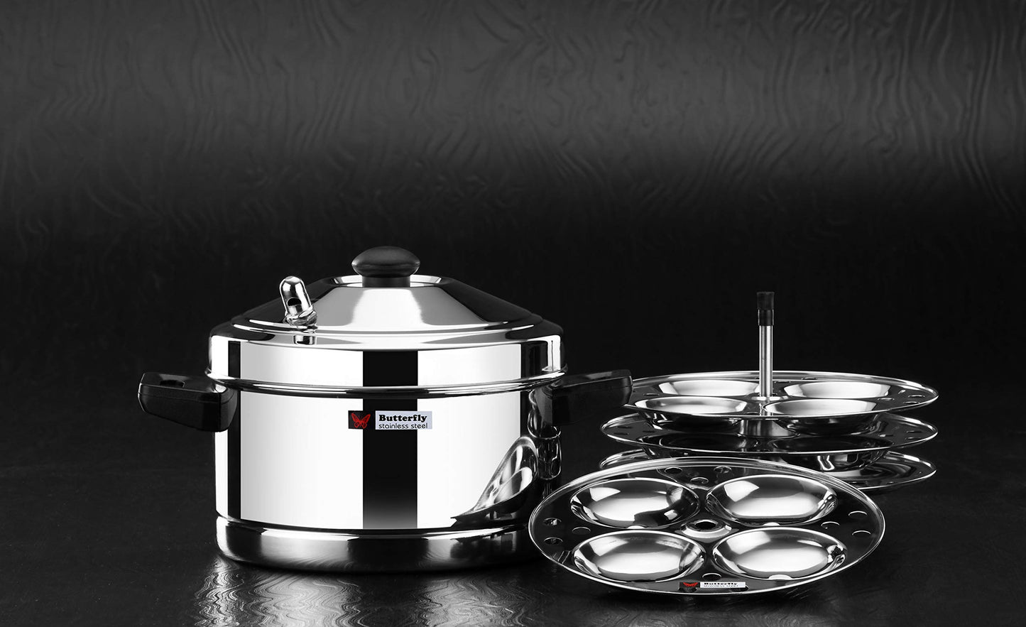 Butterfly Stainless Steel Idli Cooker, Idly Maker Set with 4 Plates, 16 Idlies, Silver, Standard, 4 Liters