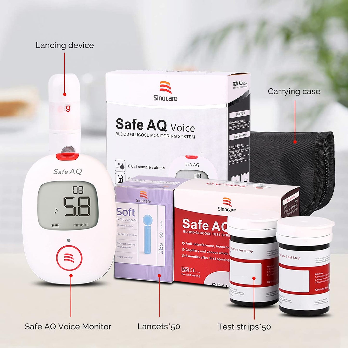Sinocare PTS(USA) Diabetes Testing Kit/Blood Glucose Monitor Safe AQ Voice/Glucometer with Voice Reminder and Light Warning/Blood Sugar Test with 50Strips & 50Lancets & Case Pack