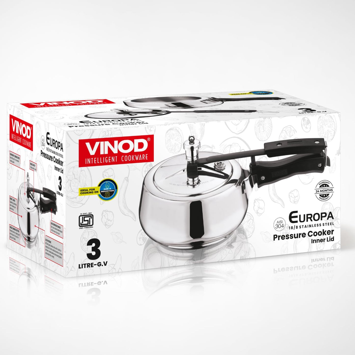Vinod Europa Stainless Steel Inner Lid Pressure Cooker - 3 Litre | Handi Shape | Sandwich Bottom Cooker | Induction and Gas Base | ISI and CE certified - 2 Years Warranty