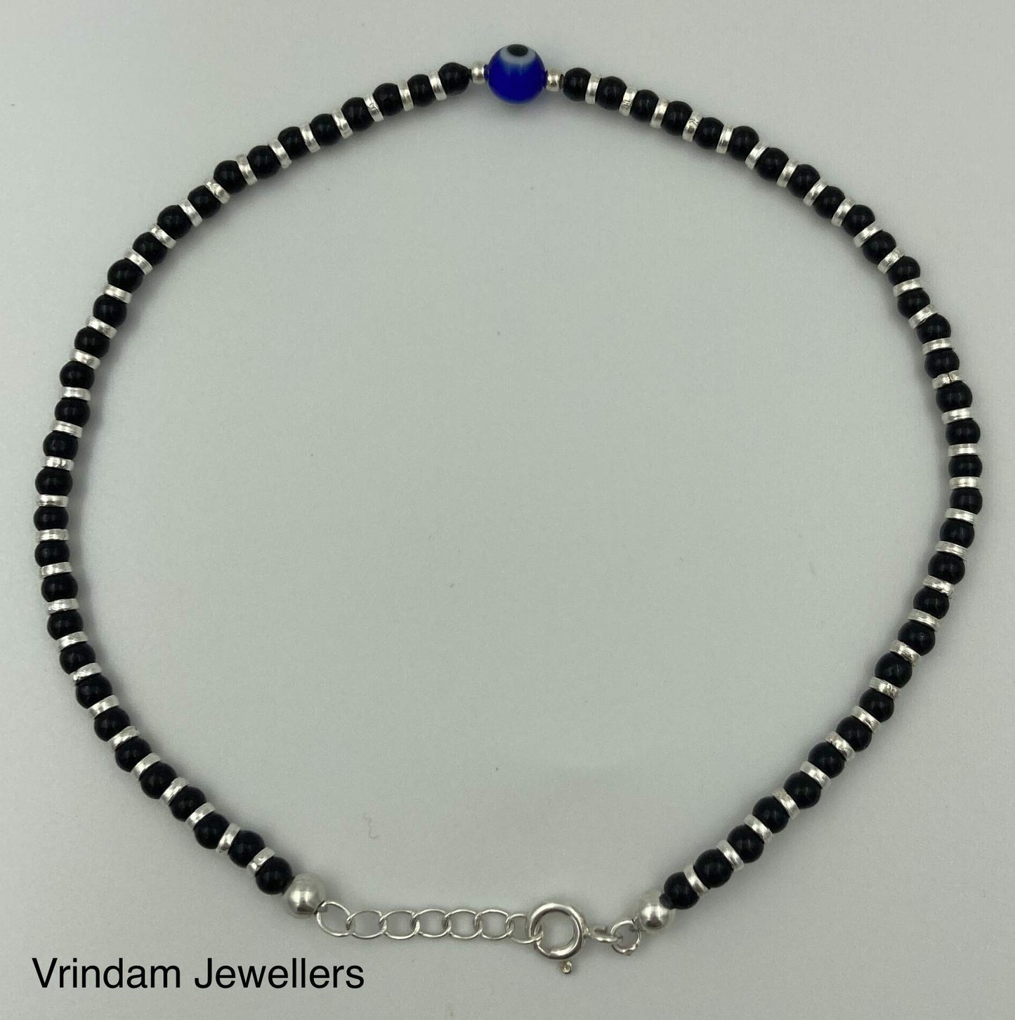 VRINDAM JEWELLERS 925 Sterling Silver Blue Evil Eye Nazariya Anklet with Black Beads For Girl's & Women |Adjustable |Comfortable |Single Piece |Length 27 cm |Weight Approx...7 GM