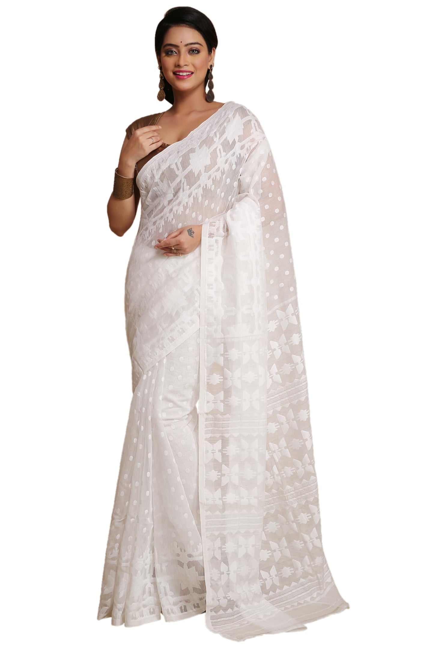 BENGAL HANDLOOM Women'S Cotton Silk Dhakai Softs Vojadi Dhakai Jamdani Sarees (Wite White)