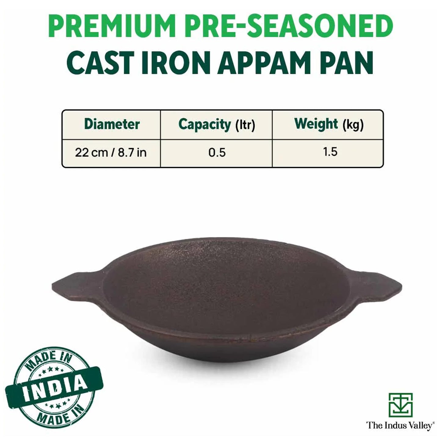 The Indus Valley Pre-Seasoned Cast Iron Appam Pan/Appachatty/Chetty Pan/Appam Patra with Glass Lid | 22 Cm/8.7 Inch, 1.5Kg | Gas Compatible | Nonstick Appam Pan, 100% Pure & Toxin-Free