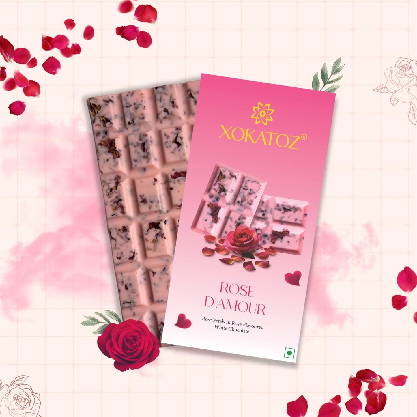 XOKATOZ Exotic Premium Chocolate - 1 Rose D’Amour + 1 Alphonso Mango Flavour - Flavoured White Chocolate Bars - Gift Set - Pack of 2, 150 gm (75gm X 2)