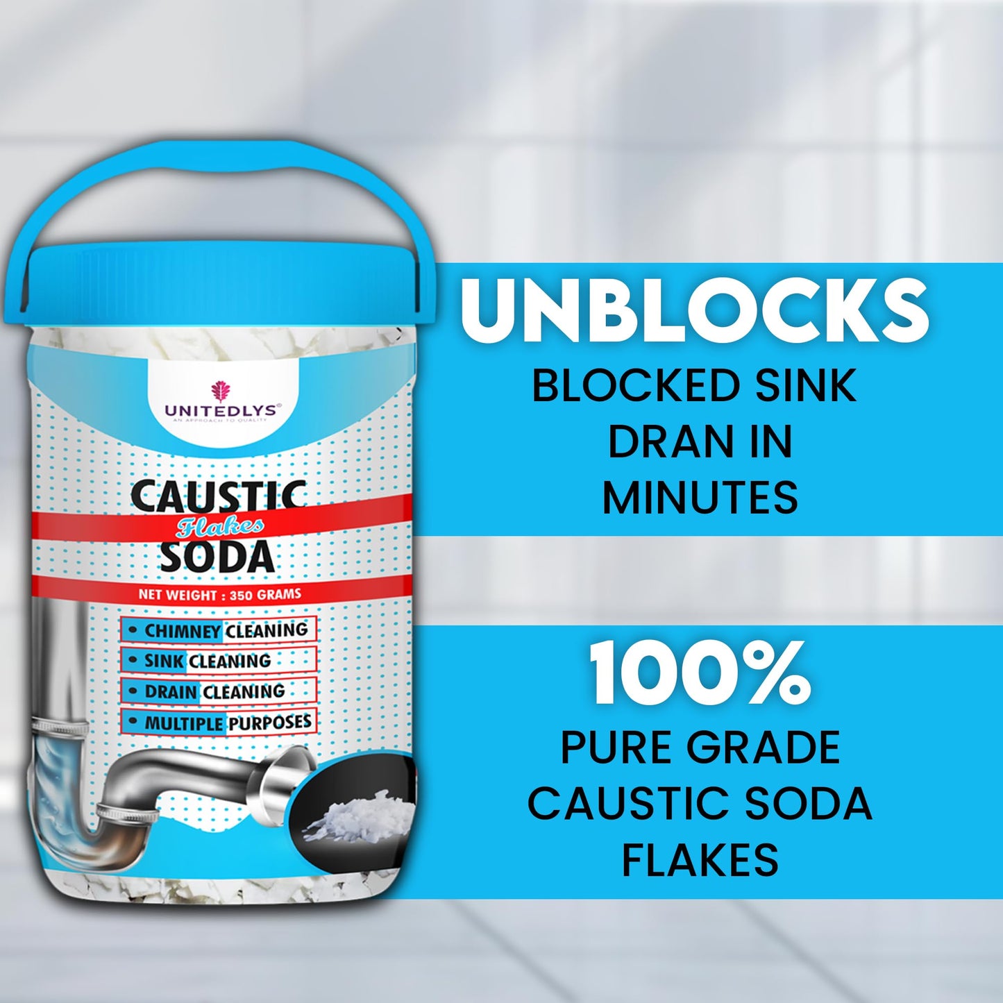 Unitedlysยฎ Caustic Soda Drainage Block Remover 350G | Fast-Acting, Non-Toxic & Odorless Drain Cleaner Powder | Caustic Soda for Drain Cleaning | Sink Cleaner, Drain Pipe Cleaner & Drainage Cleaner