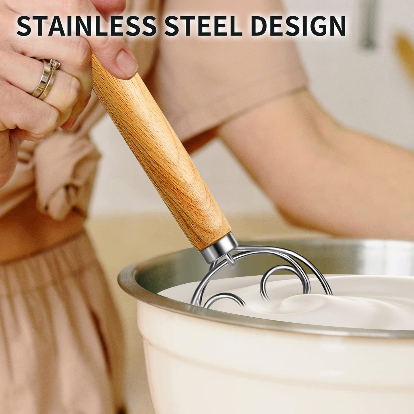 (More Efficient) TeeVea Danish Dough Whisk Stainless Steel Dutch Style Bread Dough Hand Mixer Blender Wooden Handle Kitchen Baking Tools Artisian Blender