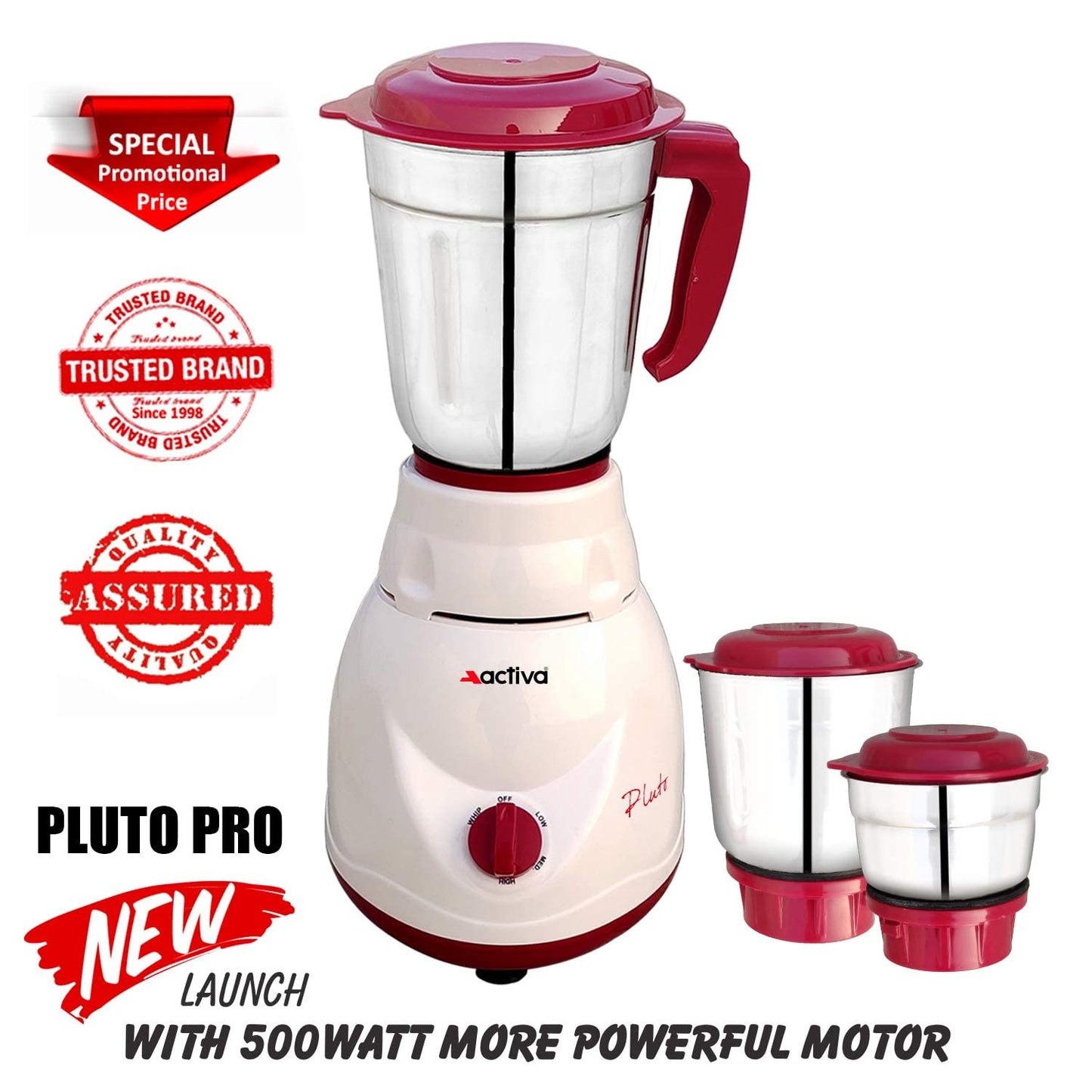 ACTIVA Pluto Pro Mixer Grinder 500W | 3 Jars | comes with 2 Year Warranty